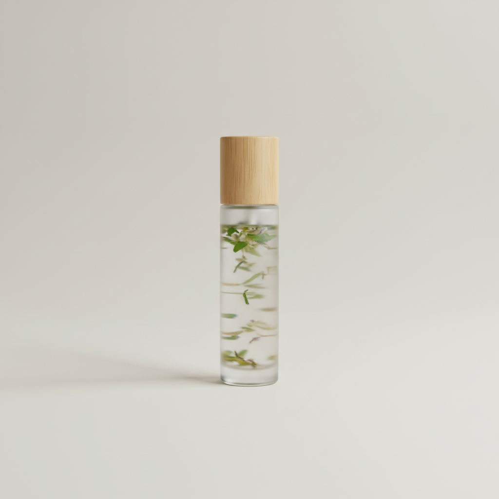 Professional e-commerce product photography of a **brandless** Verdant Calm Roller (Portable aromatherapy roller to support mindful recovery after practice.). The entire environment is a perfectly uniform, flat, solid color #EAE9E7 (light warm gray) with absolutely no gradient, vignette, spotlighting, texture, noise, or grain. The object is centered and tiny, occupying only 25% of the frame, surrounded by massive negative space. The background and floor are a seamless, infinite cyclorama of solid color #EAE9E7 with no horizon line, no corner, and no visible wall/floor transition. Lighting: ultra-even high-key with very strong global illumination and soft, multi-directional bounced fill (studio light tent look). Bright exposure (lifted midtones and shadows, low contrast), slightly overexposed overall while preserving product detail. Fully diffuse, no hard shadows, no cast shadows; at most a barely visible neutral contact shadow. No harsh specular highlights. Framing: simple 3/4 view. Perfectly centered. Style: ultra-clean, minimalistic. No logos, no text, no distractions. 8k resolution, sharp details on the object.