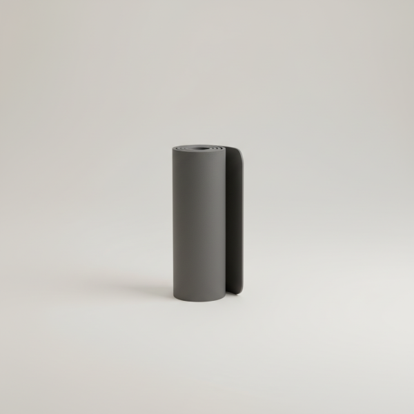 Professional e-commerce product photography of a **brandless** ZenFlow Yoga Mat Pro (Premium non slip yoga mat with extra cushion for mindful practice and balance.). The entire environment is a perfectly uniform, flat, solid color #EAE9E7 (light warm gray) with absolutely no gradient, vignette, spotlighting, texture, noise, or grain. The object is centered and tiny, occupying only 25% of the frame, surrounded by massive negative space. The background and floor are a seamless, infinite cyclorama of solid color #EAE9E7 with no horizon line, no corner, and no visible wall/floor transition. Lighting: ultra-even high-key with very strong global illumination and soft, multi-directional bounced fill (studio light tent look). Bright exposure (lifted midtones and shadows, low contrast), slightly overexposed overall while preserving product detail. Fully diffuse, no hard shadows, no cast shadows; at most a barely visible neutral contact shadow. No harsh specular highlights. Framing: simple 3/4 view. Perfectly centered. Style: ultra-clean, minimalistic. No logos, no text, no distractions. 8k resolution, sharp details on the object.