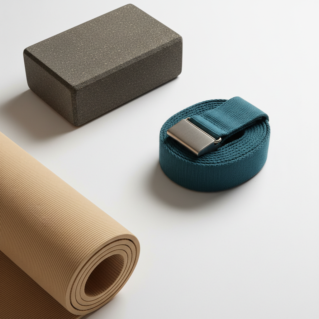 An arrangement of premium yoga gear laid out with precision on a matte white surface: a charcoal cork yoga block with visible natural grain, a neatly folded deep-teal cotton yoga strap with brushed metal buckle, and a sand-colored mat partially unrolled, revealing its fine, anti-slip texture. Soft studio lighting from above and slightly to the left creates gentle, accurate shadows that emphasize the materials’ quality. The scene feels ordered, professional, and ready for practice. Shot from a slightly elevated angle with sharp focus throughout, the composition follows a clean, modern, rule-of-thirds layout, with plenty of negative space around the products to evoke calm and highlight each item’s design details in photographic realism.