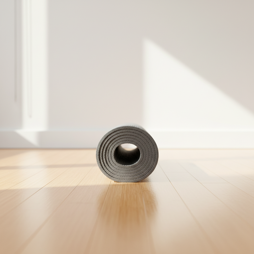 A neatly rolled slate-gray yoga mat with a subtle woven texture lies centered on a smooth, light bamboo floor in a minimalist studio. Behind it, a clean white wall is interrupted only by a single vertical line of soft shadow, suggesting a nearby window. Gentle late-morning natural light streams in from the right, creating a soft gradient of illumination across the mat and floor. The atmosphere is serene and professional, emphasizing clarity and focus. Captured at eye level from the mat’s front edge with a shallow depth of field, the foreground edges are crisp while the background recedes into a delicate blur. The photographic realism highlights tactile details and clean lines for a calm, refined look.