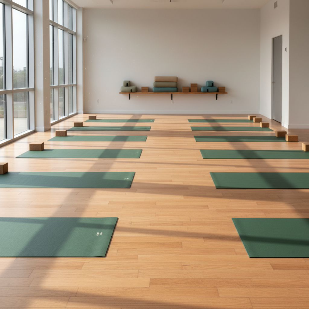 A wide, panoramic view of a contemporary yoga studio interior without people, featuring symmetrical rows of unrolled forest-green mats on warm-toned wooden flooring. At the far end of the room, a simple white wall holds a single shelf with neatly stacked bolsters and cork blocks. Floor-to-ceiling windows on the left let in soft, diffused afternoon light, creating elongated shadows and a gentle glow across the space. The atmosphere is quiet, structured, and inviting, emphasizing professionalism and order. Captured from a slightly elevated corner perspective with sharp focus from front to back, the composition highlights depth and balance. The photographic style is clean and realistic, showcasing a polished, clutter-free environment ideal for focused yoga practice.
